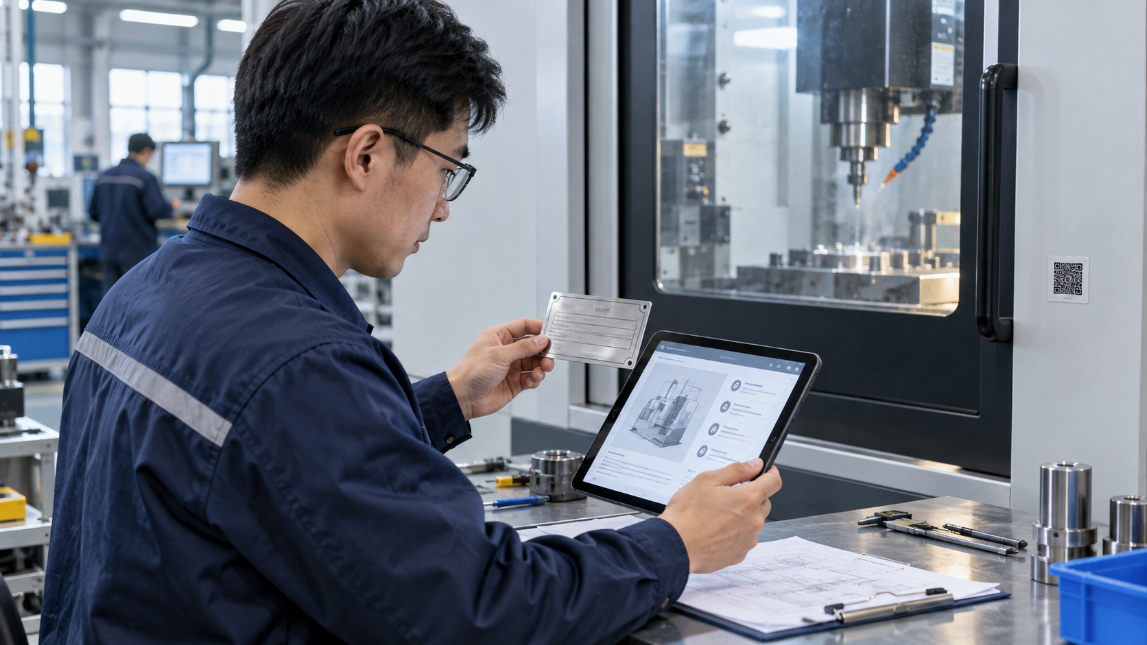 AI生成概念示意：机械制造质量工程师在加工设备旁核对机型铭牌、数字说明书界面和纸质图纸
